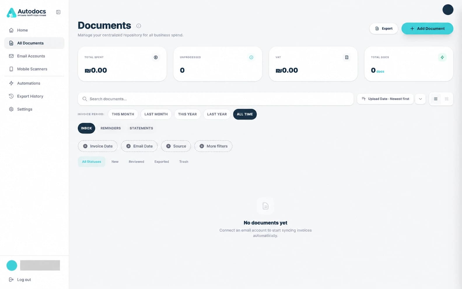 AutoDocs document workspace showing search, date and source filters, and New, Reviewed, Exported, and Trash states.