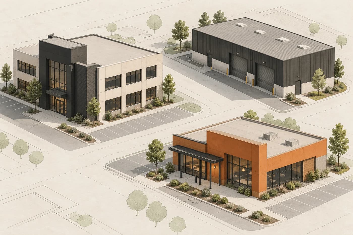 Original architectural concept illustration of three fictional commercial building forms