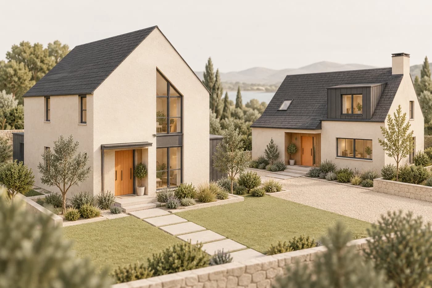 Original architectural concept illustration of two fictional homes with distinct rooflines