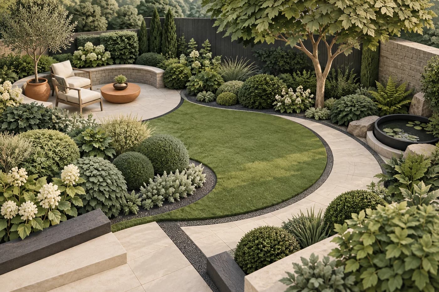 Original garden concept illustration with curved paths, layered planting and a seating terrace