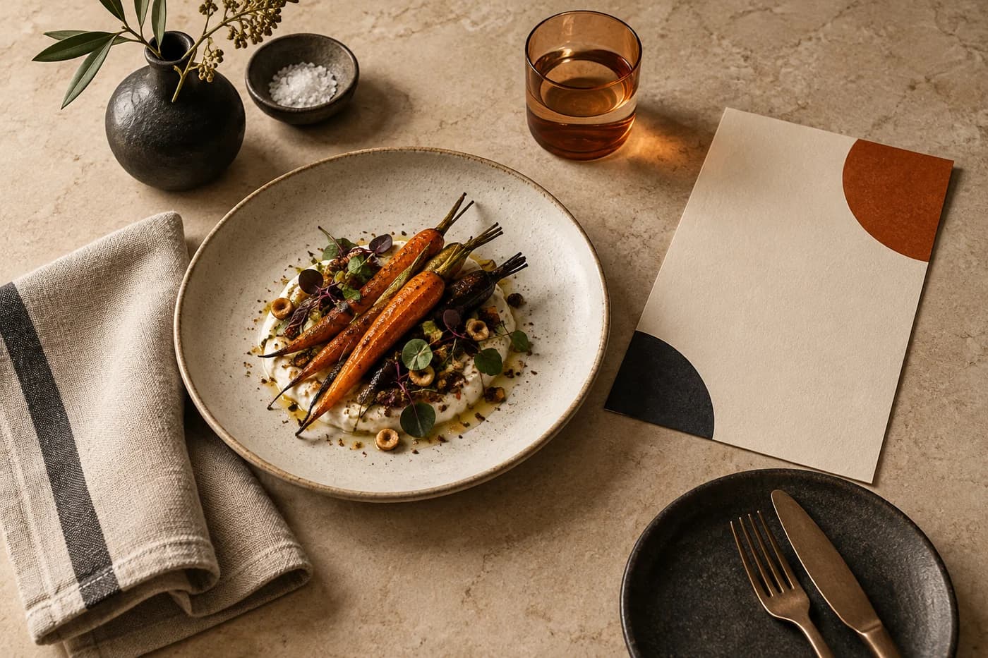 Original concept illustration of a meal, linen and a blank menu card on a warm stone table