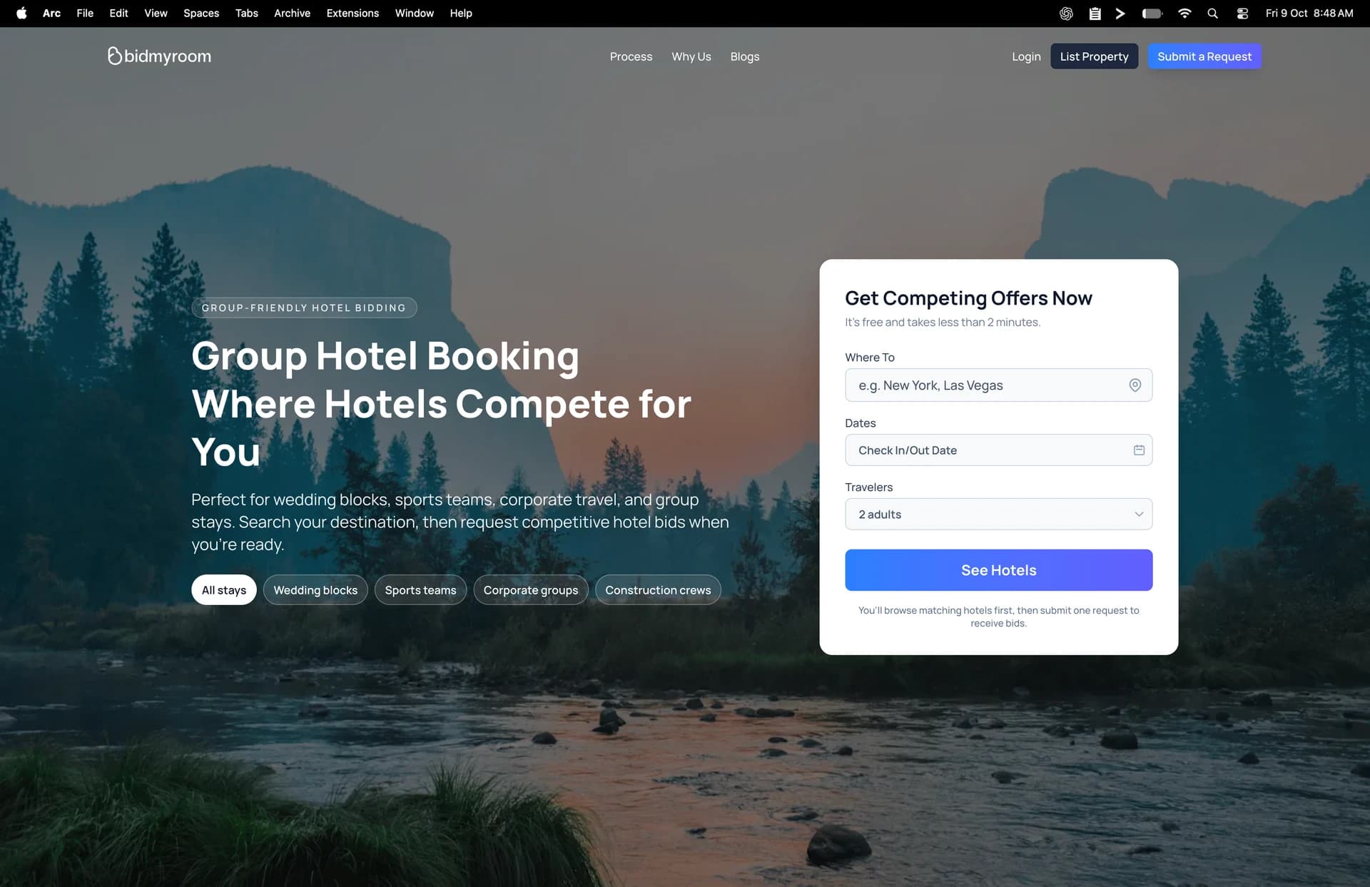 The delivered BidMyRoom public website, with stay criteria and hotel discovery entry
