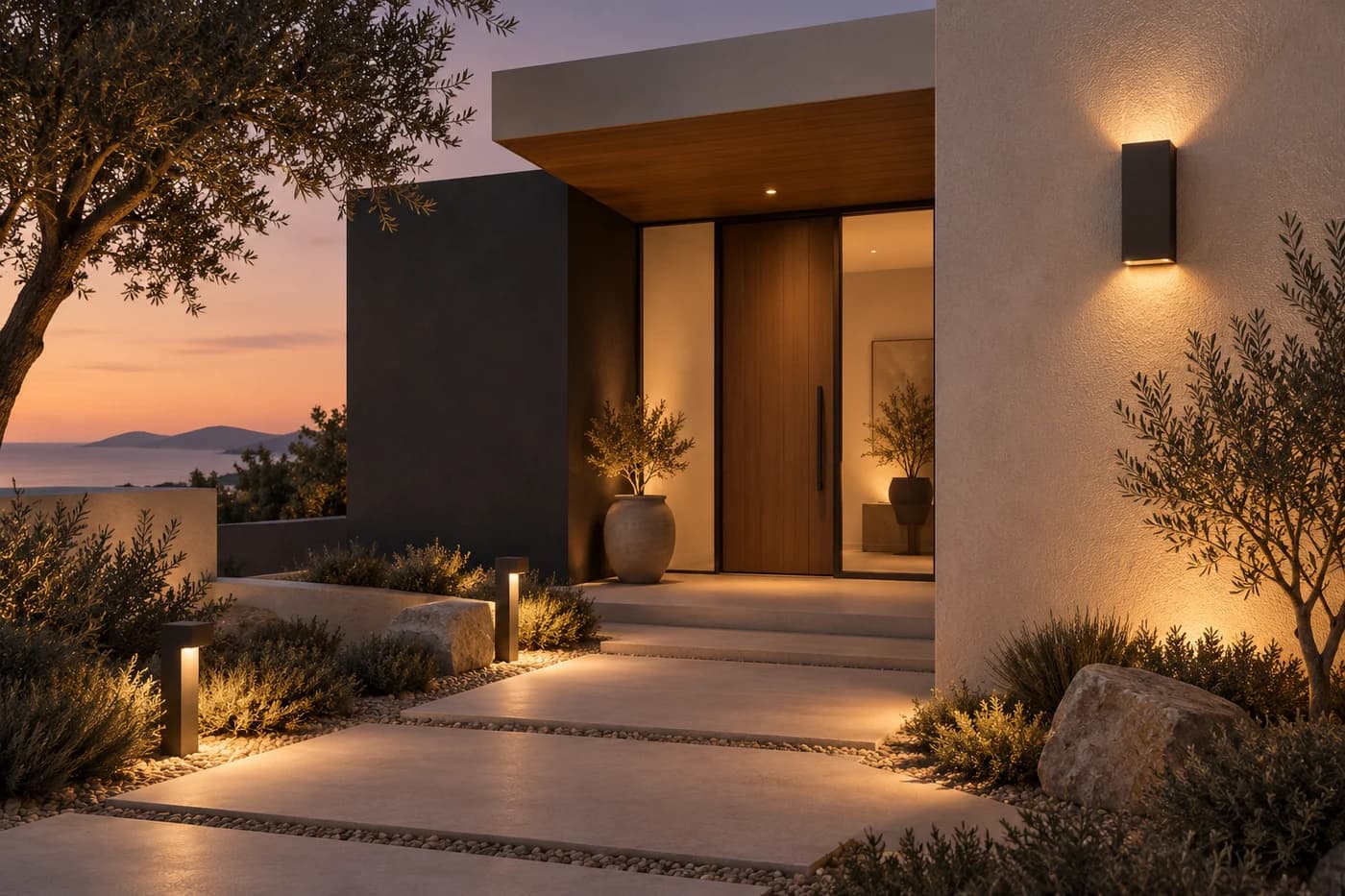 Original concept illustration of a fictional home entrance with warm exterior lights