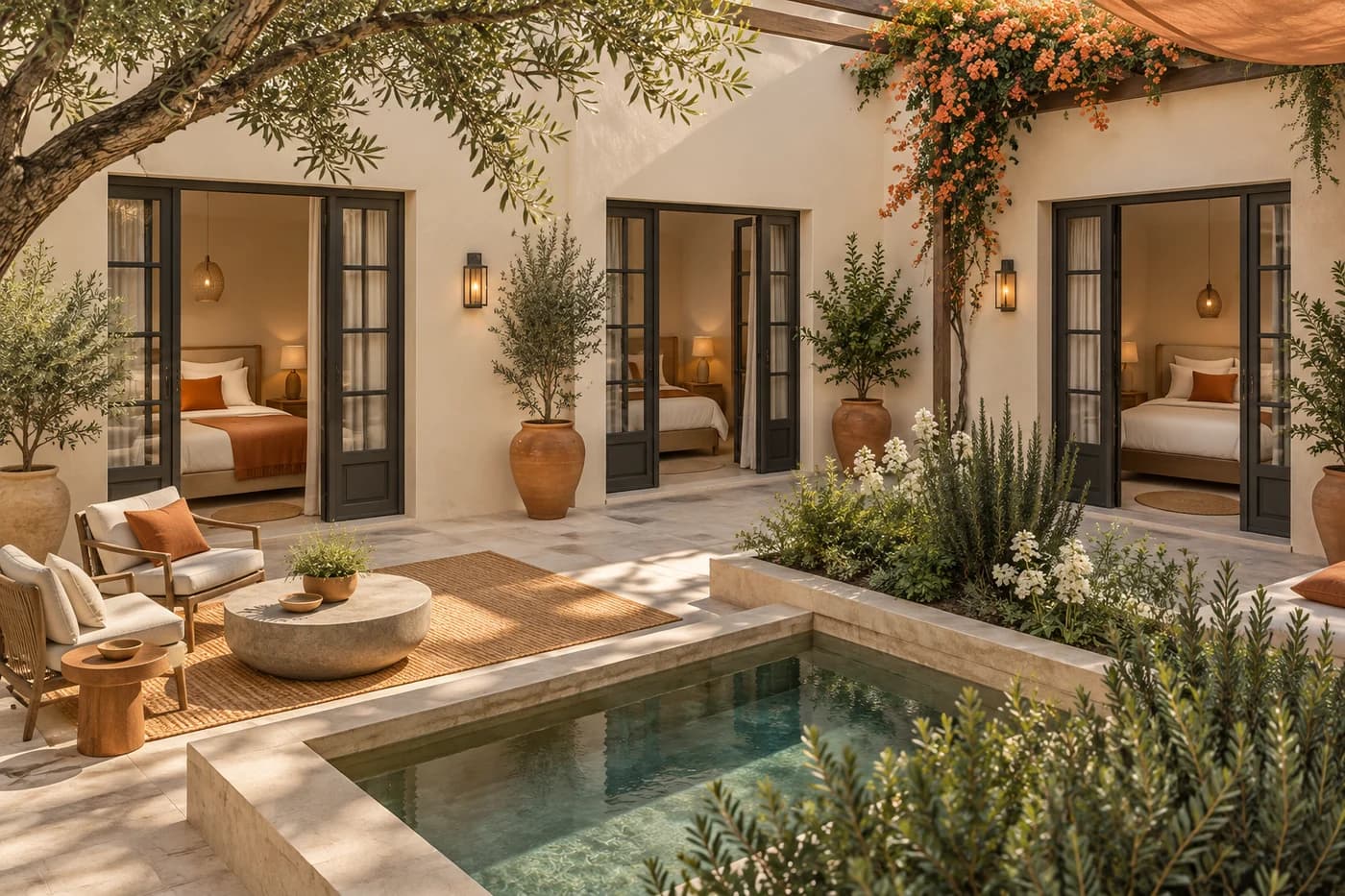 Original concept illustration of a fictional hotel courtyard with guest rooms and a planted terrace