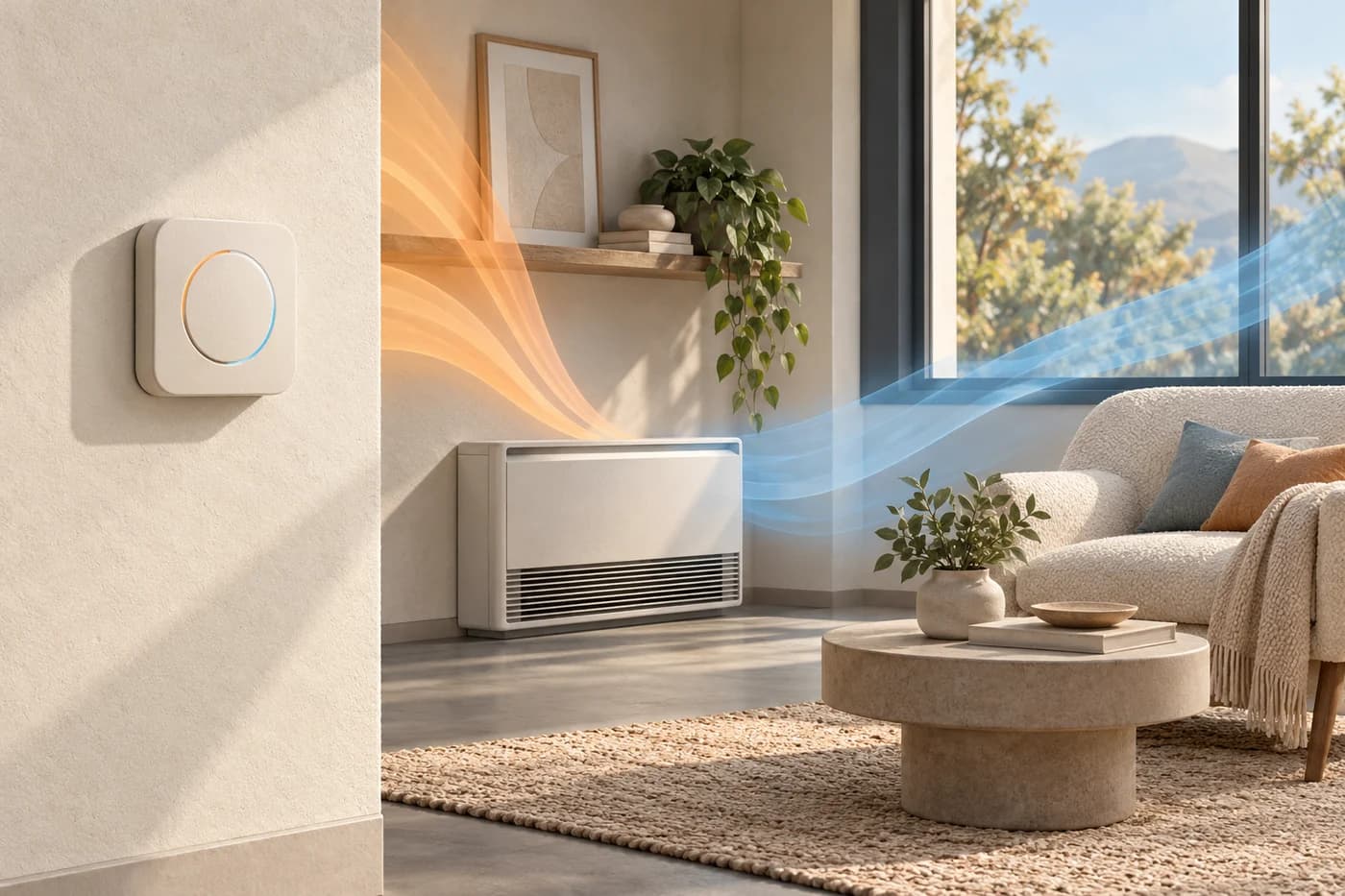 Original concept illustration of a comfortable room, a blank thermostat and warm and cool airflow ribbons