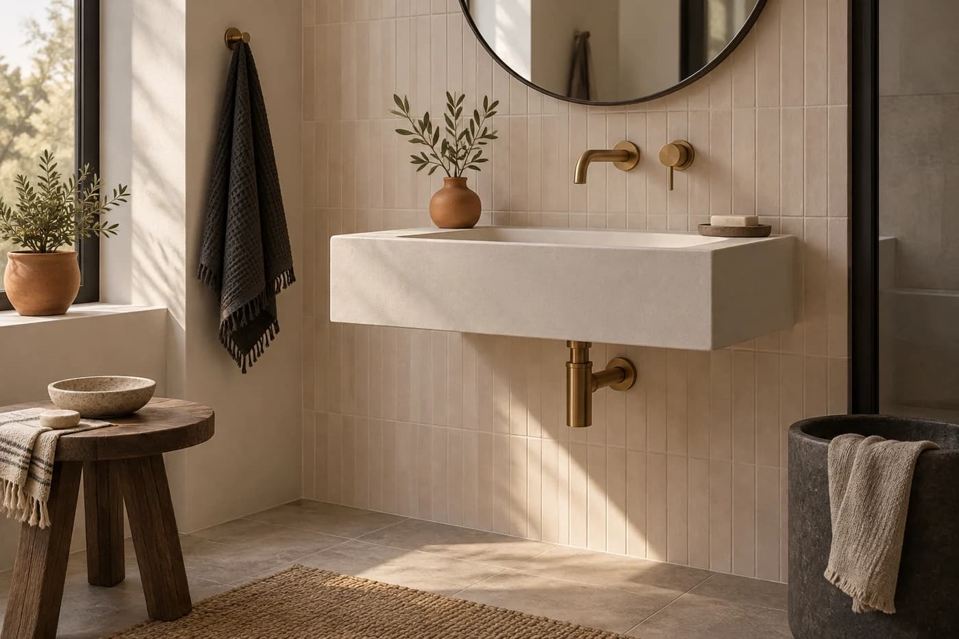 Original concept illustration of a fictional bathroom basin with brass faucet and visible drain pipe