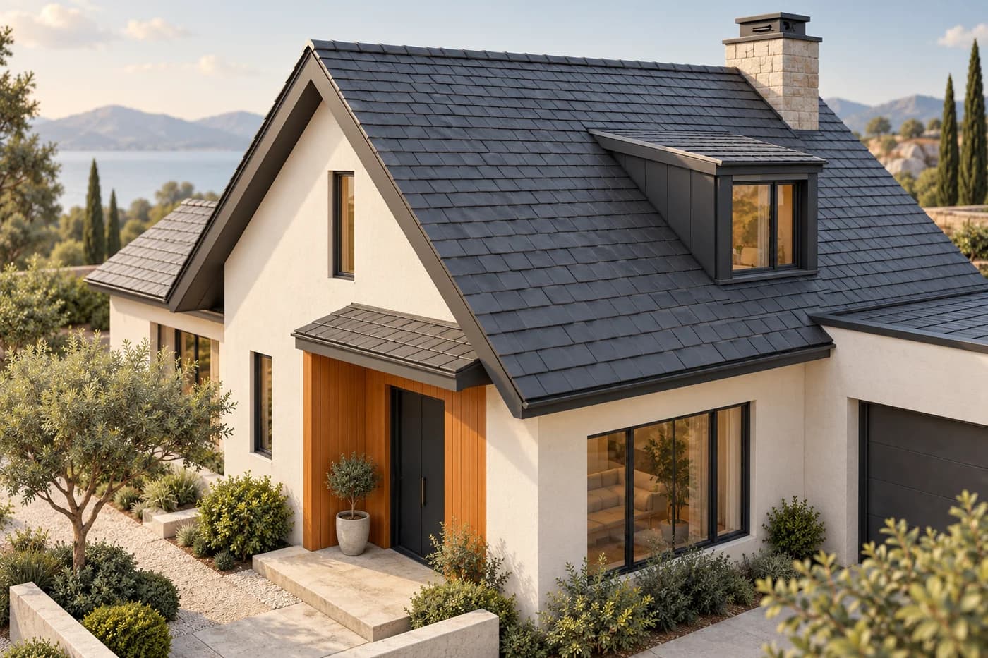 Original architectural concept illustration of a fictional house with a pitched slate roof